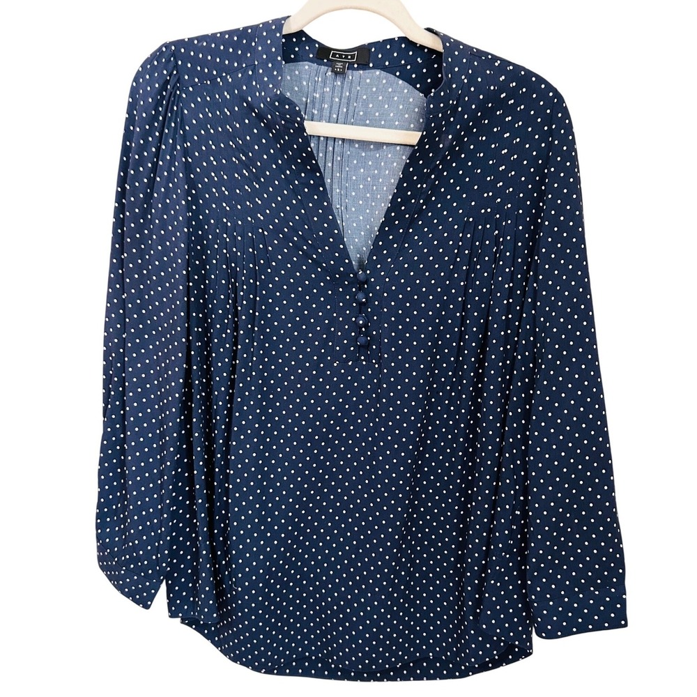 AYR Size S Navy Blue White Polka Dot V-Neck Long Sleeve Blouse Office Casual